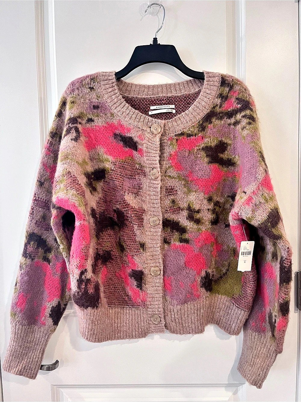 NWT By Anthropologie Pink Combo Abstract Floral Button Cardigan Sweater M